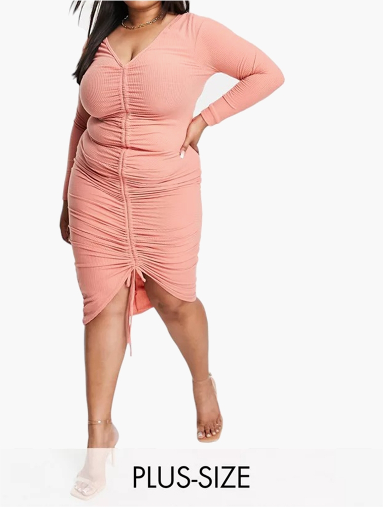 MyRunway Shop Club L London Plus Pink Ruched Long Sleeve Dress